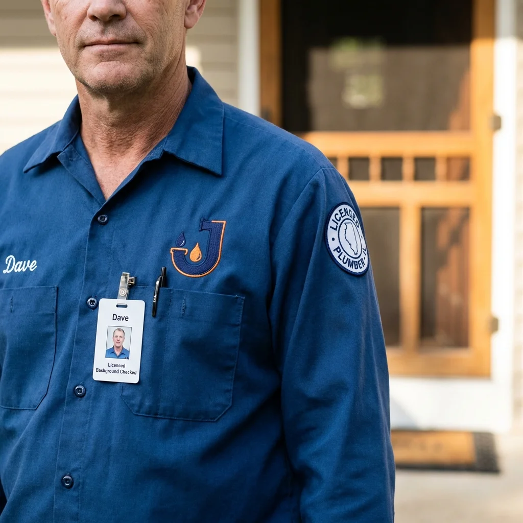 Licensed plumber showing ID badge in Pleasant Hill, IA