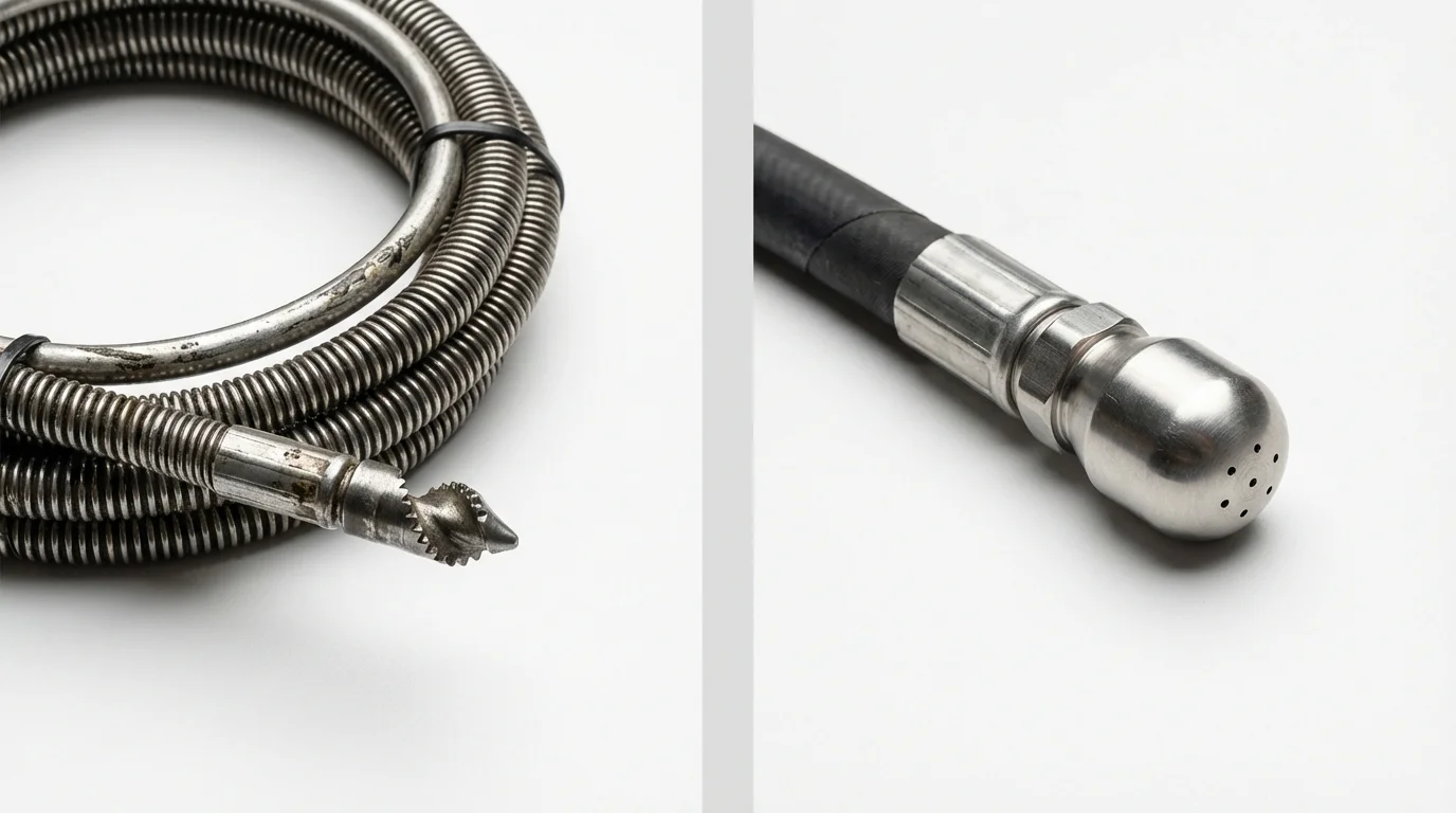 Drain snake cable and hydro jetting nozzle used for drain cleaning in Pleasant Hill, IA