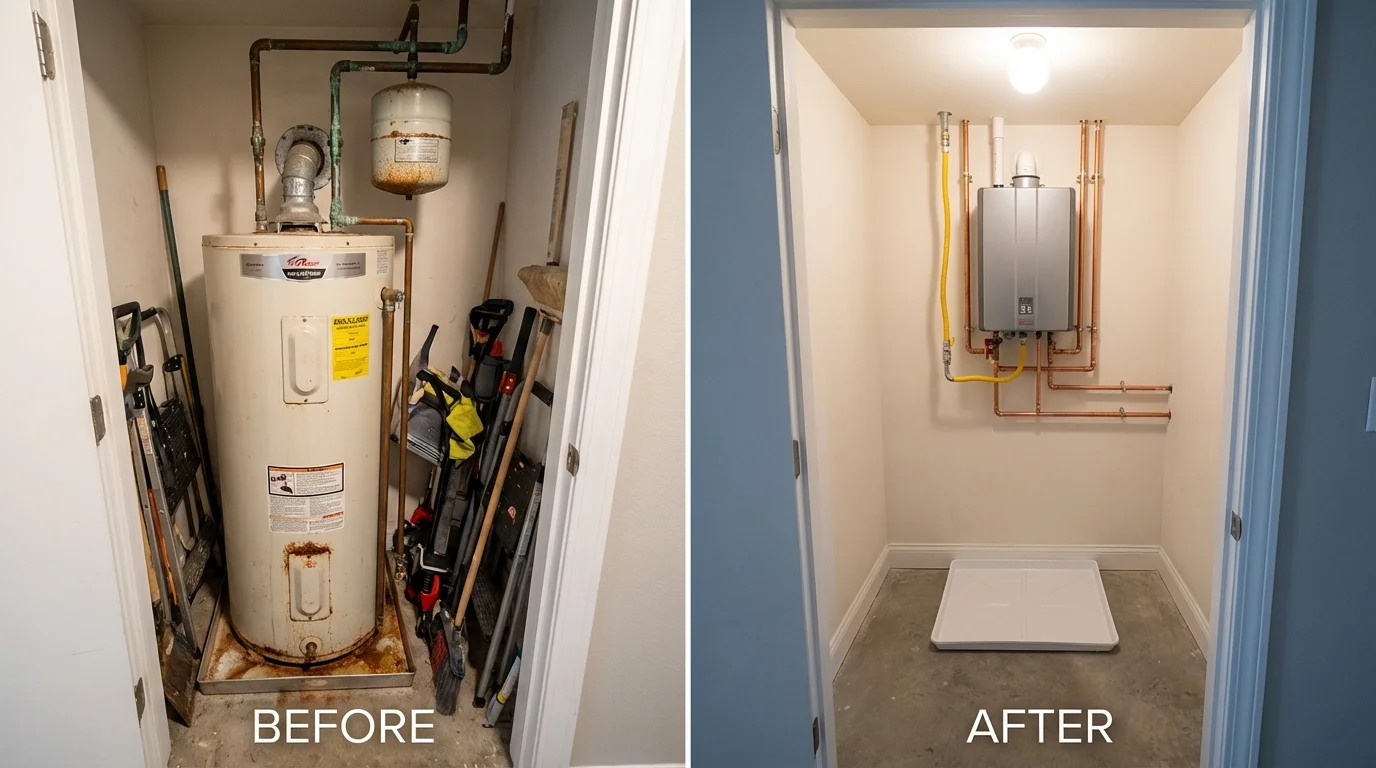 Tank water heater versus wall-mounted tankless unit comparison for Pleasant Hill, IA homeowners