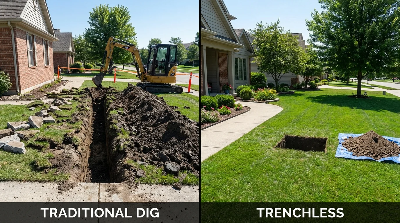 Trenchless sewer repair with minimal yard damage versus traditional excavation in Pleasant Hill, IA
