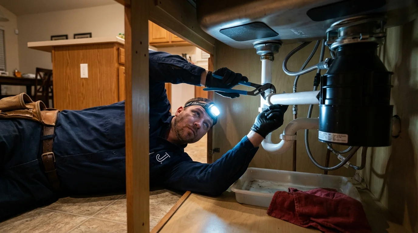 P-trap and supply line connections under a kitchen sink showing a common leak point in Pleasant Hill, IA